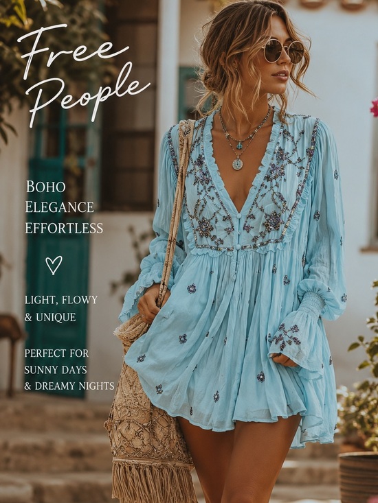 Free People Dresses & Skirts - Free People Sky Blue Sequin Embellished Boho Mini Dress